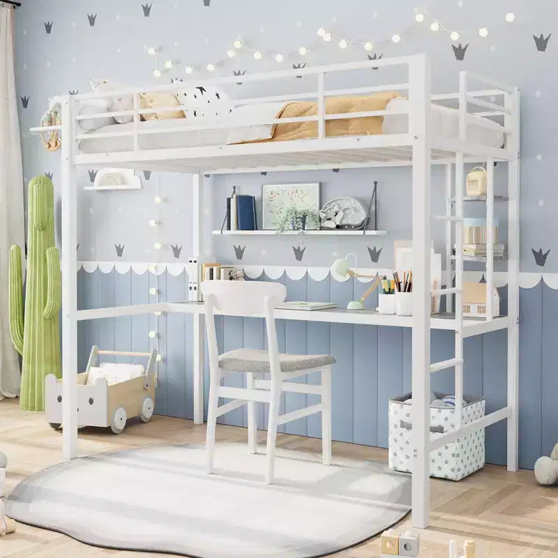 Cama alta individual con escritorio grande y estanterías de almacenamiento de 2 niveles, cama alta de metal resistente con escalera y barandilla para niños y adultos