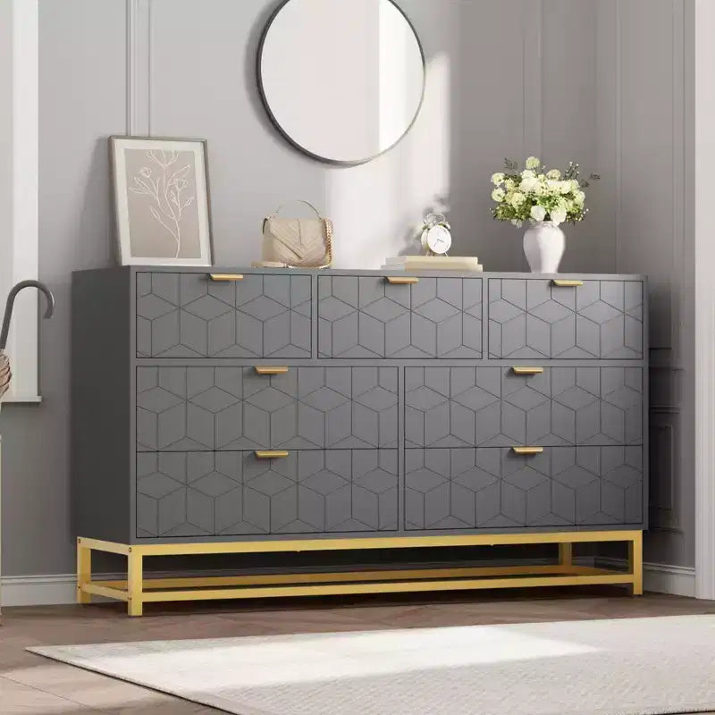 Cómoda para dormitorio, 7 cajones con tiradores y patas de metal dorado, cómoda moderna para armario