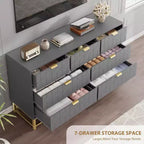 Cómoda para dormitorio, 7 cajones con tiradores y patas de metal dorado, cómoda moderna para armario
