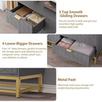 Cómoda para dormitorio, 7 cajones con tiradores y patas de metal dorado, cómoda moderna para armario