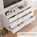 Cómoda para dormitorio, 7 cajones con tiradores y patas de metal dorado, cómoda moderna para armario