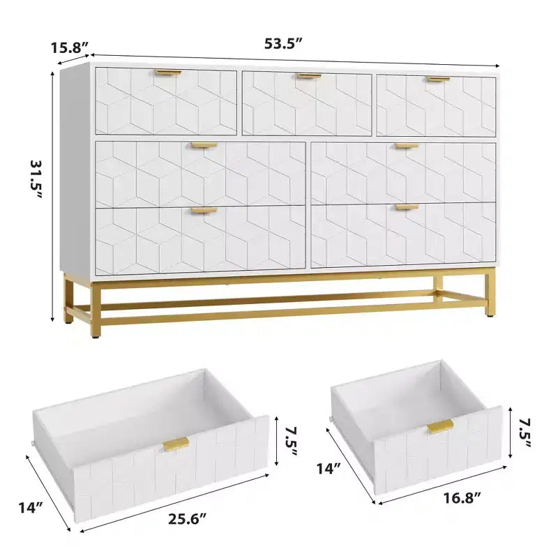 Cómoda para dormitorio, 7 cajones con tiradores y patas de metal dorado, cómoda moderna para armario