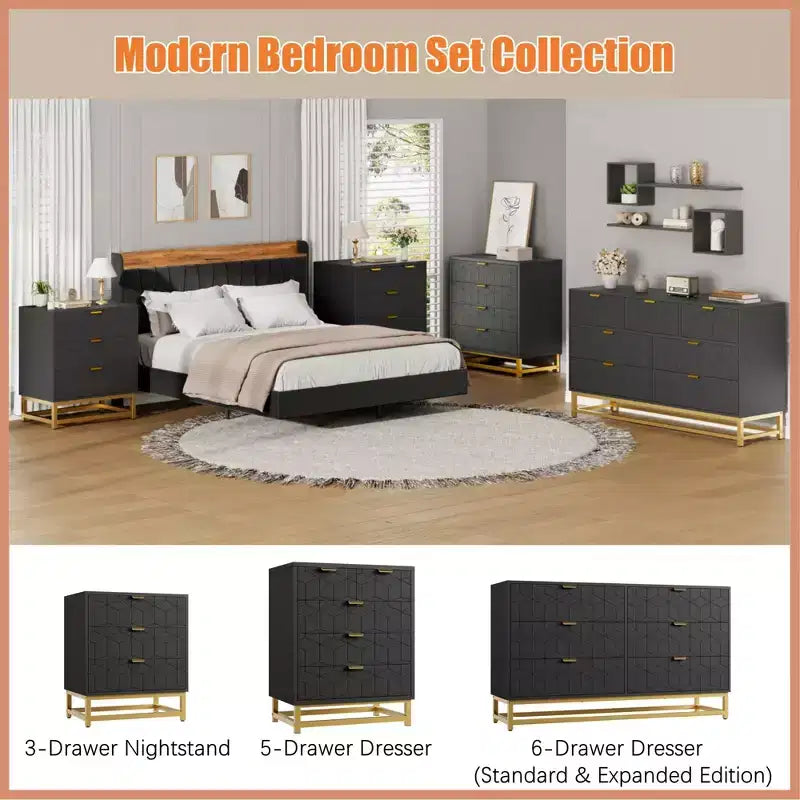 Cómoda para dormitorio, 7 cajones con tiradores y patas de metal dorado, cómoda moderna para armario