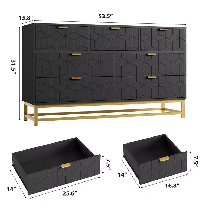 Cómoda para dormitorio, 7 cajones con tiradores y patas de metal dorado, cómoda moderna para armario