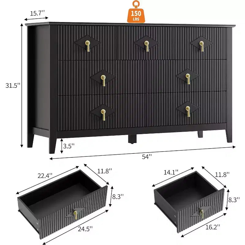 Cómoda para dormitorio con 7 cajones, cómoda moderna de 137 cm de ancho con tirador metálico, cómoda para TV, organizador de cajones de madera para dormitorio