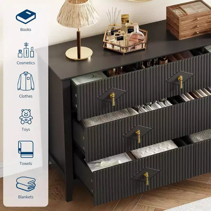 Cómoda para dormitorio con 7 cajones, cómoda moderna de 137 cm de ancho con tirador metálico, cómoda para TV, organizador de cajones de madera para dormitorio
