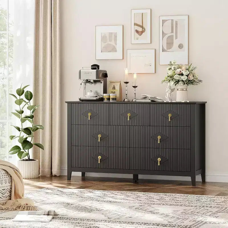 Cómoda para dormitorio con 7 cajones, cómoda moderna de 137 cm de ancho con tirador metálico, cómoda para TV, organizador de cajones de madera para dormitorio