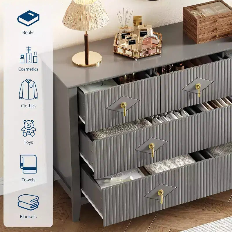 Cómoda para dormitorio con 7 cajones, cómoda moderna de 137 cm de ancho con tirador metálico, cómoda para TV, organizador de cajones de madera para dormitorio