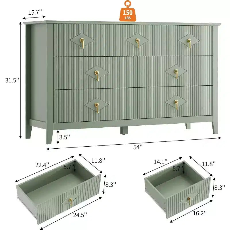 Cómoda para dormitorio con 7 cajones, cómoda moderna de 137 cm de ancho con tirador metálico, cómoda para TV, organizador de cajones de madera para dormitorio