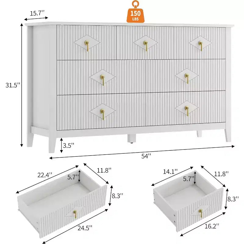 Cómoda para dormitorio con 7 cajones, cómoda moderna de 137 cm de ancho con tirador metálico, cómoda para TV, organizador de cajones de madera para dormitorio