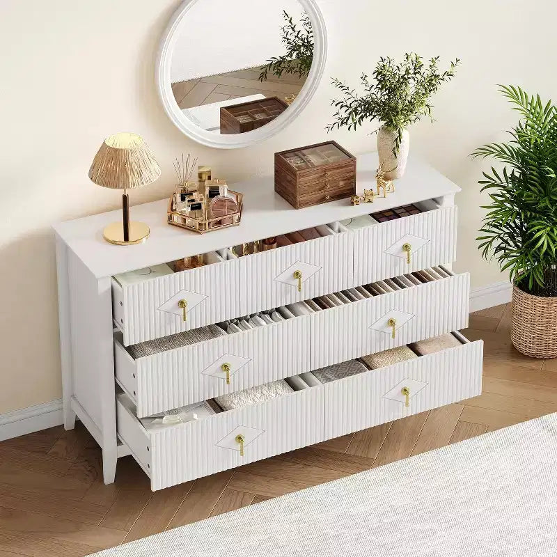 Cómoda para dormitorio con 7 cajones, cómoda moderna de 137 cm de ancho con tirador metálico, cómoda para TV, organizador de cajones de madera para dormitorio