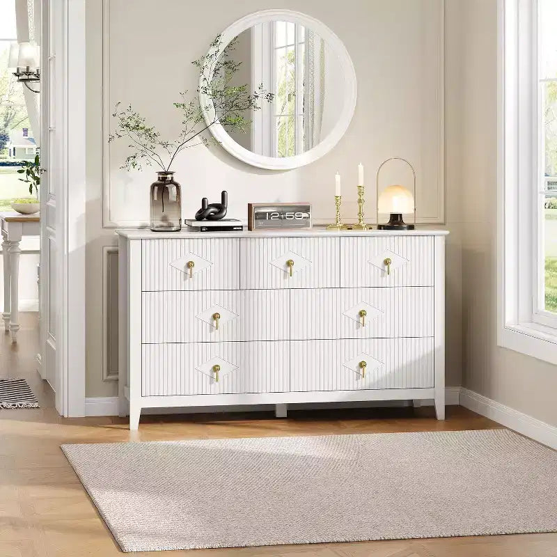 Cómoda para dormitorio con 7 cajones, cómoda moderna de 137 cm de ancho con tirador metálico, cómoda para TV, organizador de cajones de madera para dormitorio