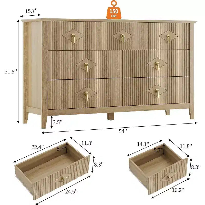 Cómoda para dormitorio con 7 cajones, cómoda moderna de 137 cm de ancho con tirador metálico, cómoda para TV, organizador de cajones de madera para dormitorio