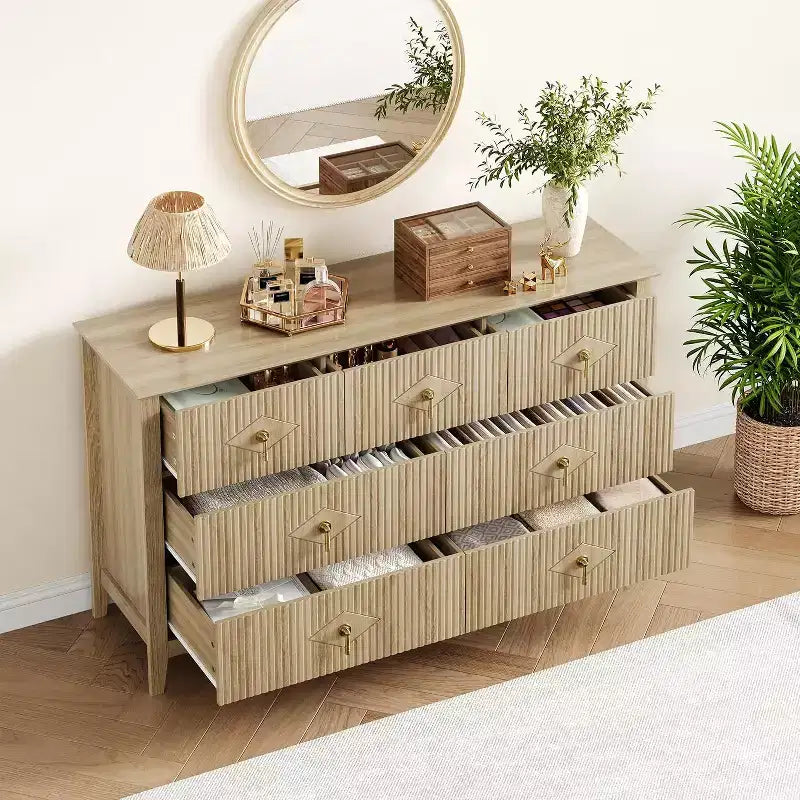 Cómoda para dormitorio con 7 cajones, cómoda moderna de 137 cm de ancho con tirador metálico, cómoda para TV, organizador de cajones de madera para dormitorio