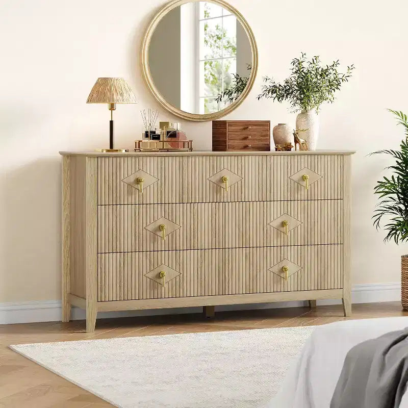 Cómoda para dormitorio con 7 cajones, cómoda moderna de 137 cm de ancho con tirador metálico, cómoda para TV, organizador de cajones de madera para dormitorio