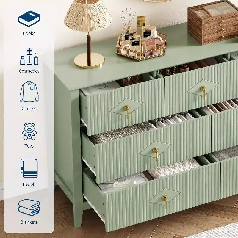 Cómoda para dormitorio con 7 cajones, cómoda moderna de 137 cm de ancho con tirador metálico, cómoda para TV, organizador de cajones de madera para dormitorio
