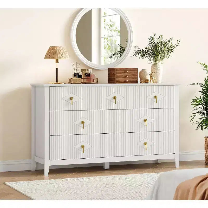 Cómoda para dormitorio con 7 cajones, cómoda moderna de 137 cm de ancho con tirador metálico, cómoda para TV, organizador de cajones de madera para dormitorio