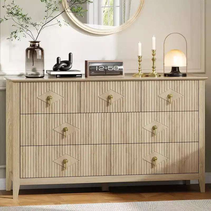 Cómoda para dormitorio con 7 cajones, cómoda moderna de 137 cm de ancho con tirador metálico, cómoda para TV, organizador de cajones de madera para dormitorio