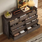 Cómoda rústica moderna Okak de 9 cajones con tiradores plateados, cómoda de madera minimalista, cómoda para dormitorio, recibidor