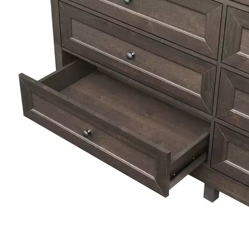 Cómoda rústica moderna Okak de 9 cajones con tiradores plateados, cómoda de madera minimalista, cómoda para dormitorio, recibidor