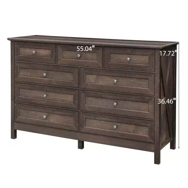 Cómoda rústica moderna Okak de 9 cajones con tiradores plateados, cómoda de madera minimalista, cómoda para dormitorio, recibidor