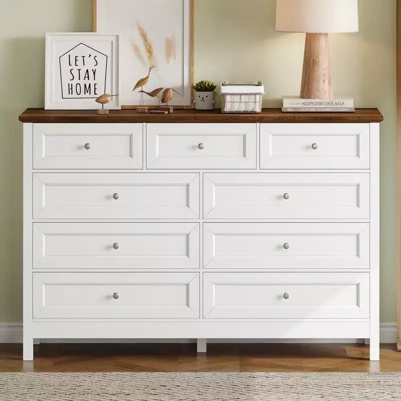 Cómoda rústica moderna Okak de 9 cajones con tiradores plateados, cómoda de madera minimalista, cómoda para dormitorio, recibidor