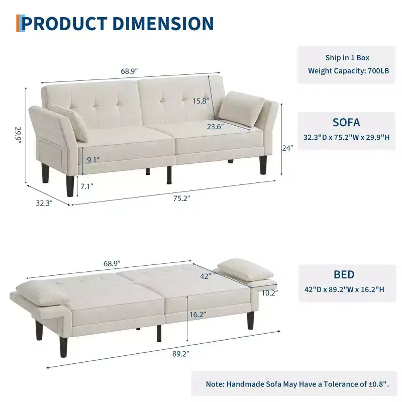 Sofá Cama Futón 89, Sofá Cama Convertible con Respaldo y Reposabrazos Ajustables, Sofá Cama Moderno para Sala de Estar, Dormitorio, Apartamentos