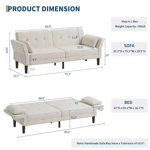 Sofá Cama Futón 89, Sofá Cama Convertible con Respaldo y Reposabrazos Ajustables, Sofá Cama Moderno para Sala de Estar, Dormitorio, Apartamentos