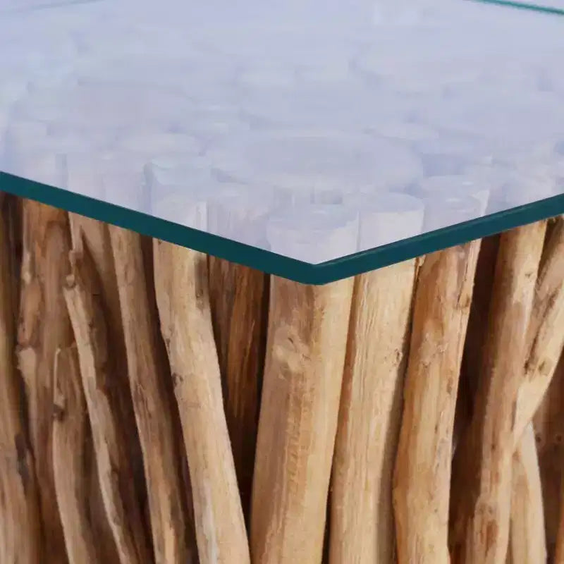 vidaXL Mesa de Centro Cuadrada de Madera Maciza de Teca Hecha a Mano con Tapa de Cristal, 66x66x40 cm Marrón