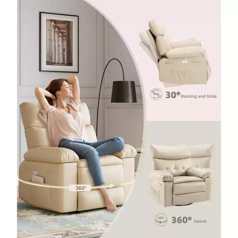 27 Sillón reclinable grande, mecedora giratoria 360 con calor y masaje (para sala de estar/dormitorio/cuarto de bebé)