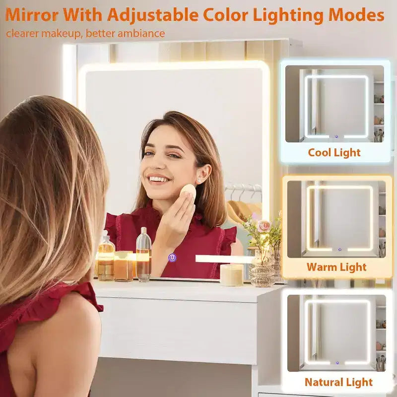 Tocador de Maquillaje con Espejo Deslizante, Tocador con Luces Ajustables de 3 Colores, Taburete, 4 Cajones Compactos, Enchufe, Negro