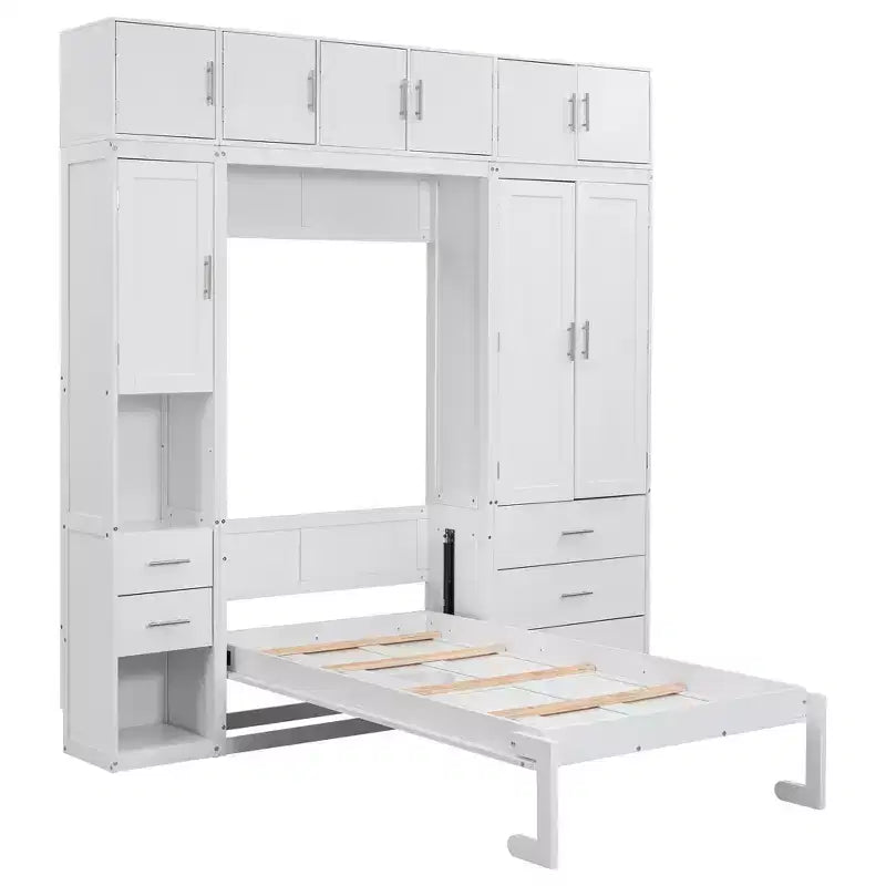 Mueble de cama Murphy con casilleros y armarios de almacenamiento con estantes, arcón de cama de plataforma oculta plegable de madera, blanco