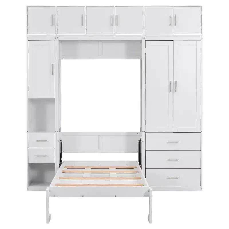 Mueble de cama Murphy con casilleros y armarios de almacenamiento con estantes, arcón de cama de plataforma oculta plegable de madera, blanco