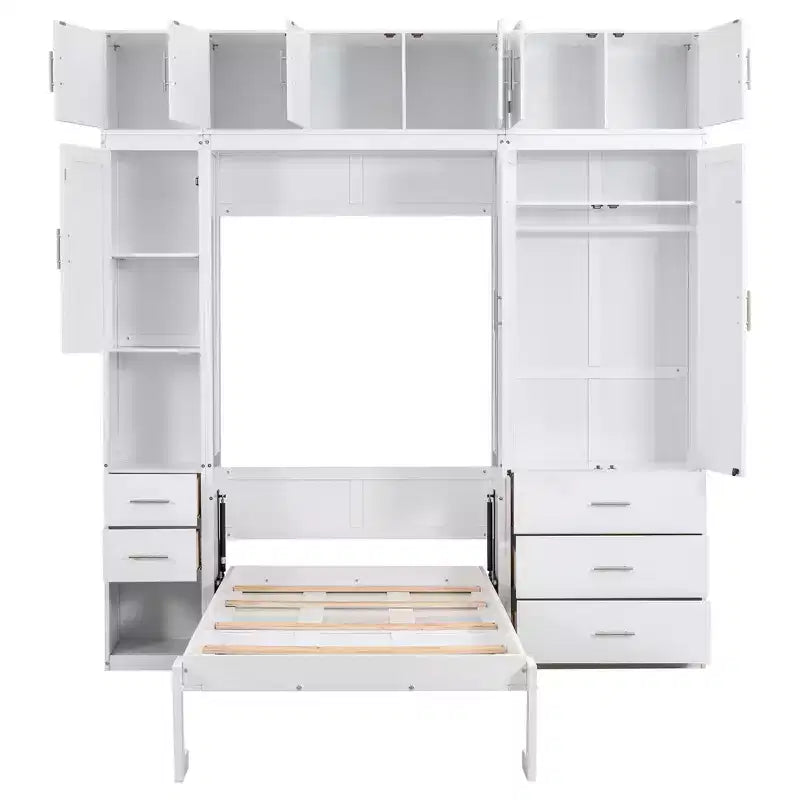 Mueble de cama Murphy con casilleros y armarios de almacenamiento con estantes, arcón de cama de plataforma oculta plegable de madera, blanco