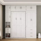 Mueble de cama Murphy con casilleros y armarios de almacenamiento con estantes, arcón de cama de plataforma oculta plegable de madera, blanco
