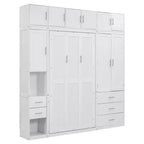 Mueble de cama Murphy con casilleros y armarios de almacenamiento con estantes, arcón de cama de plataforma oculta plegable de madera, blanco