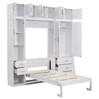 Mueble de cama Murphy con casilleros y armarios de almacenamiento con estantes, arcón de cama de plataforma oculta plegable de madera, blanco