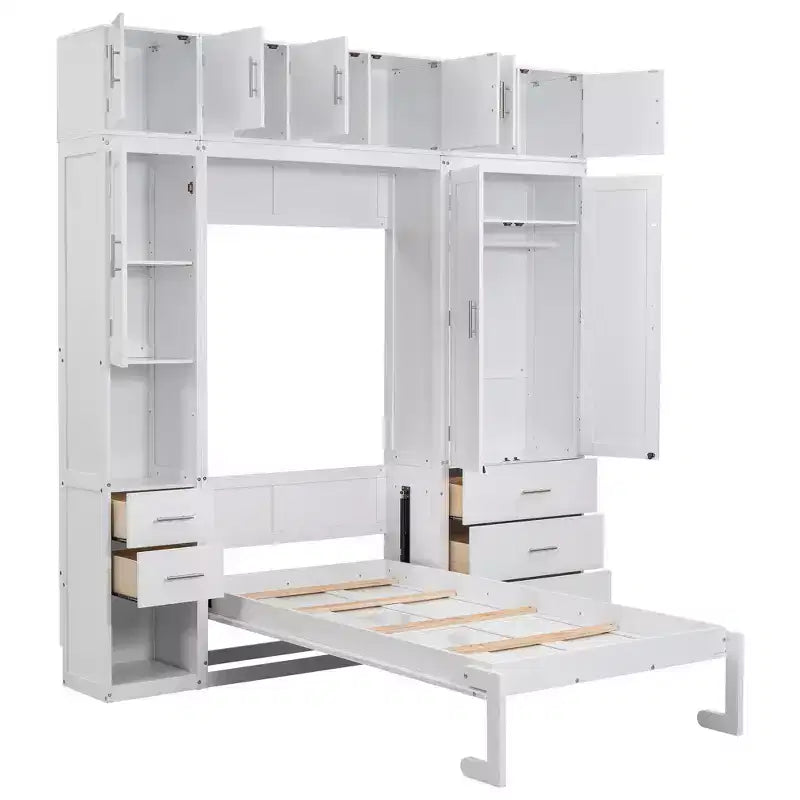 Mueble de cama Murphy con casilleros y armarios de almacenamiento con estantes, arcón de cama de plataforma oculta plegable de madera, blanco