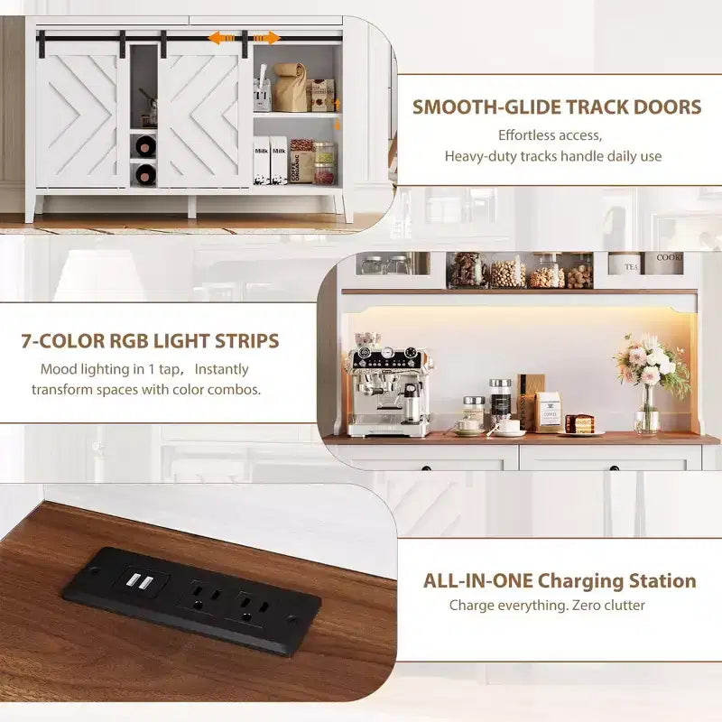 Mueble despensa alto de cocina de 183 cm, aparador independiente con puerta corrediza de granero y 2 cajones, mueble de barra de café de madera para sala de estar o cocina