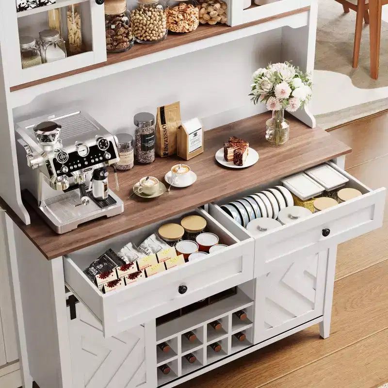 Mueble despensa alto de cocina de 183 cm, aparador independiente con puerta corrediza de granero y 2 cajones, mueble de barra de café de madera para sala de estar o cocina