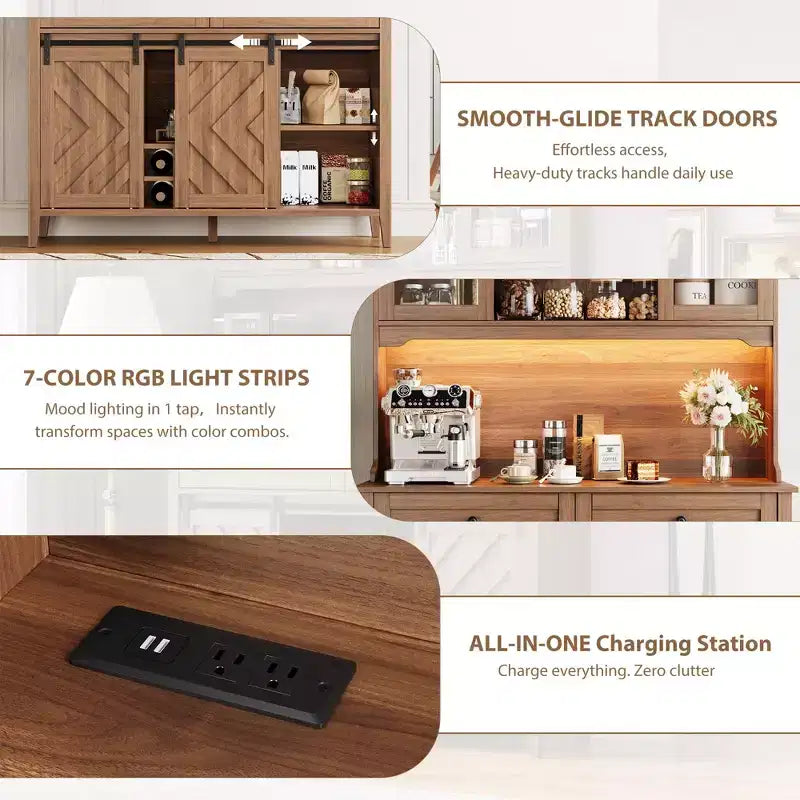 Mueble despensa alto de cocina de 183 cm, aparador independiente con puerta corrediza de granero y 2 cajones, mueble de barra de café de madera para sala de estar o cocina