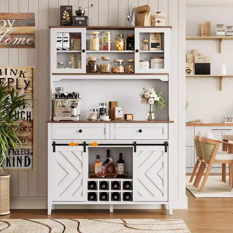 Mueble despensa alto de cocina de 183 cm, aparador independiente con puerta corrediza de granero y 2 cajones, mueble de barra de café de madera para sala de estar o cocina