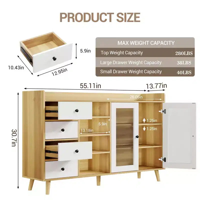 Armario de almacenamiento rústico para cocina de 55 pulgadas, aparador con cajones - Gabinete tipo bufé para cocina con puertas de vidrio y estantes ajustables