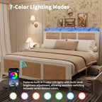 COZONY Estructura de Cama King Size con Cabecero, Cama Plataforma de Ratán Bohemio con Cajones de Almacenamiento e Iluminación LED, Sistema de Soporte Completo