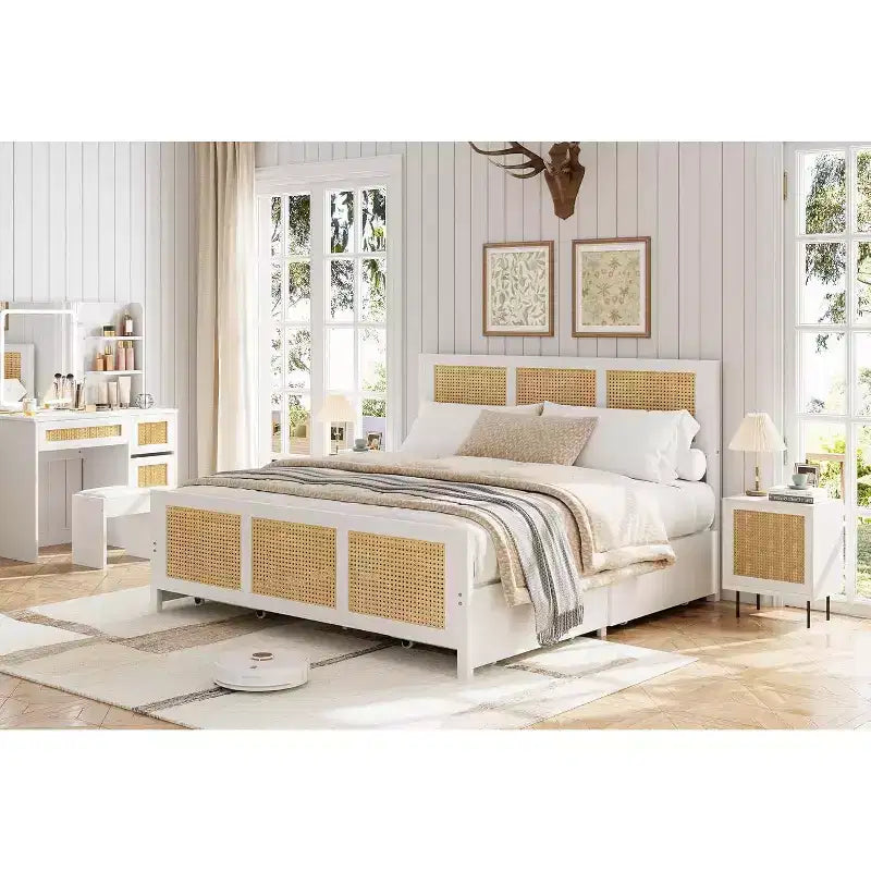 COZONY Estructura de Cama King Size con Cabecero, Cama Plataforma de Ratán Bohemio con Cajones de Almacenamiento e Iluminación LED, Sistema de Soporte Completo