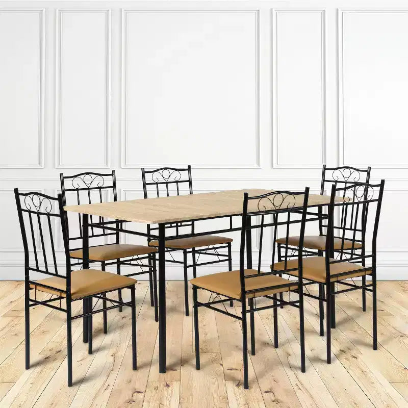 FurnitureR Juego de mesa de comedor de 7 piezas para 6 personas, mesa de cocina rectangular con 6 sillas de cuero PU de respaldo alto, cómodos juegos de mesa de comedor, haya