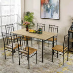 FurnitureR Juego de mesa de comedor de 7 piezas para 6 personas, mesa de cocina rectangular con 6 sillas de cuero PU de respaldo alto, cómodos juegos de mesa de comedor, haya