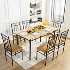 FurnitureR Juego de mesa de comedor de 7 piezas para 6 personas, mesa de cocina rectangular con 6 sillas de cuero PU de respaldo alto, cómodos juegos de mesa de comedor, haya