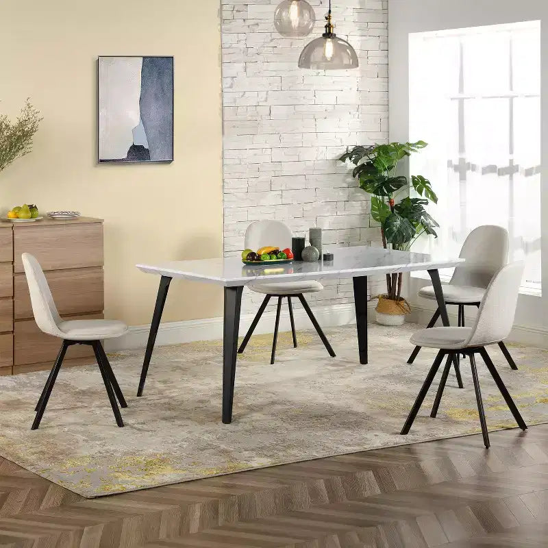 Mesa de Comedor FurnitureR para 4-6 Personas con Tablero Robusto de Impresión de Mármol Sintético Engrosado y Patas de Acero Metálico, Mesa Funcional para Cocina, Blanca