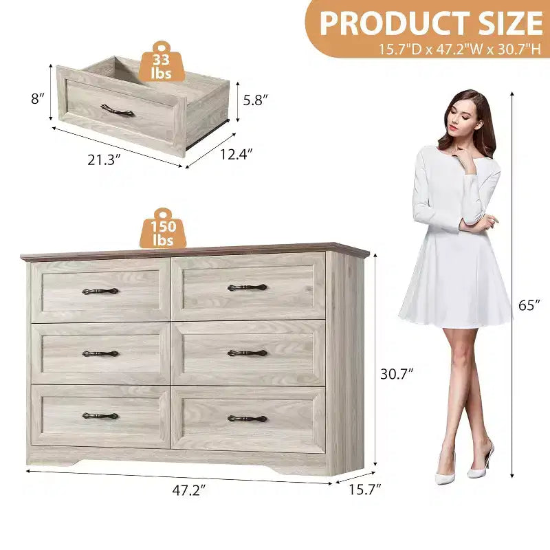 Cómoda de Madera de 6 Cajones para Dormitorio con Asas Metálicas Anchas, Cajonera Moderna de Estilo Rústico, Organizador de Almacenamiento para Dormitorio y Sala de Estar